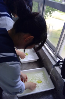 流水で洗う様子